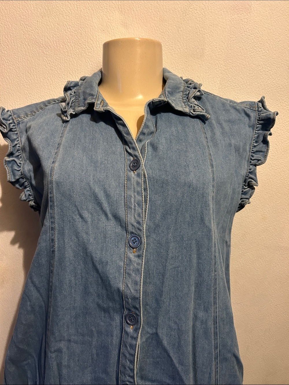 Olivaceous Light Blue Denim Ruffle-Sleeve Button Front Dress - Picture 3 of 9